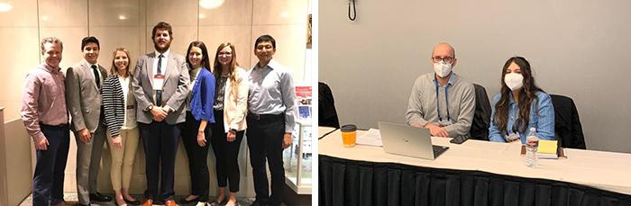 left - a man and a woman, 都戴着口罩, sit behind a table at a convention, right - a group poses for a photo at a convention